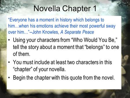 Novella Chapter 1 “Everyone has a moment in history which belongs to him…when his emotions achieve their most powerful sway over him…”--John Knowles, A.