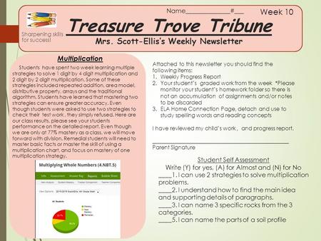 Treasure Trove Tribune Mrs. Scott-Ellis’s Weekly Newsletter Sharpening skills for success! Week 10 Multiplication Attached to this newsletter you should.