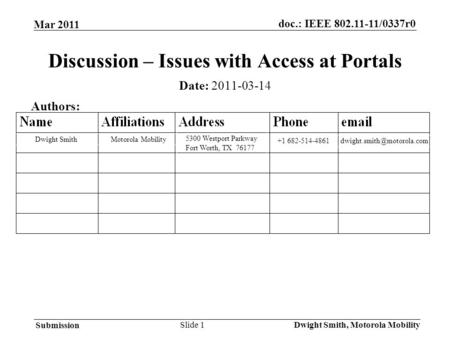 Doc.: IEEE 802.11-11/0337r0 Submission Mar 2011 Dwight Smith, Motorola MobilitySlide 1 Discussion – Issues with Access at Portals Date: 2011-03-14 Authors: