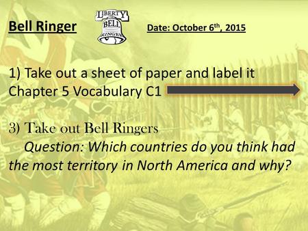 Bell Ringer Date: October 6 th, 2015 1) Take out a sheet of paper and label it Chapter 5 Vocabulary C1 3) Take out Bell Ringers Question: Which countries.