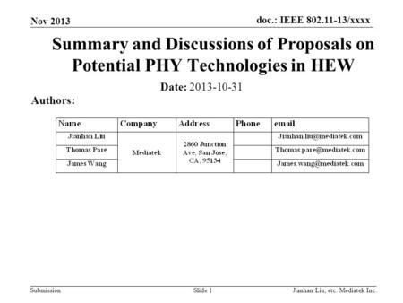 Doc.: IEEE 802.11-13/xxxx SubmissionSlide 1 Summary and Discussions of Proposals on Potential PHY Technologies in HEW Date: 2013-10-31 Authors: Jianhan.