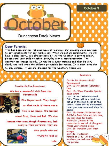 Duncanson Dock News Dear Parents, This has been another fabulous week of learning. Our amazing class continues to get compliments for our marble jar. When.