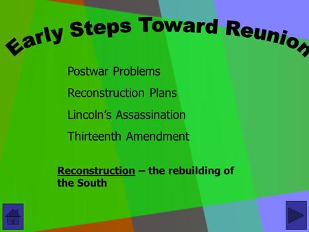Postwar Problems Reconstruction Plans Lincoln’s Assassination Thirteenth Amendment Reconstruction – the rebuilding of the South.