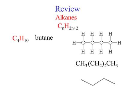 Review Alkanes C n H 2n+2 C 4 H 10 a) ethane b) propane c) butane d) pentane CH 3 (CH 2 )CH 3 butane 2.
