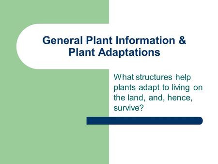 General Plant Information & Plant Adaptations What structures help plants adapt to living on the land, and, hence, survive?