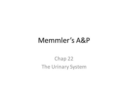 Memmler’s A&P Chap 22 The Urinary System. The urinary system p464 Excretion Systems active in excretion – Urinary system – Digestive system – Respiratory.