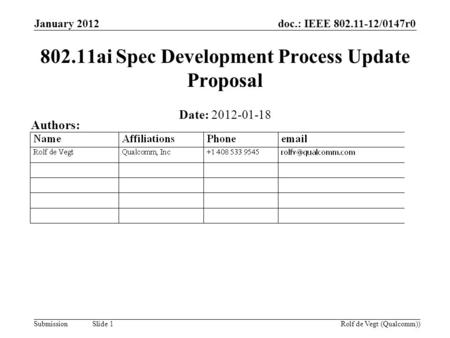Doc.: IEEE 802.11-12/0147r0 Submission January 2012 Rolf de Vegt (Qualcomm)) Slide 1 802.11ai Spec Development Process Update Proposal Date: 2012-01-18.