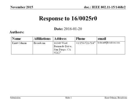 Doc.: IEEE 802.11-15/1468r2 Submission November 2015 Response to 16/0025r0 Date: 2016-01-20 Authors: Knut Odman, BroadcomSlide 1.