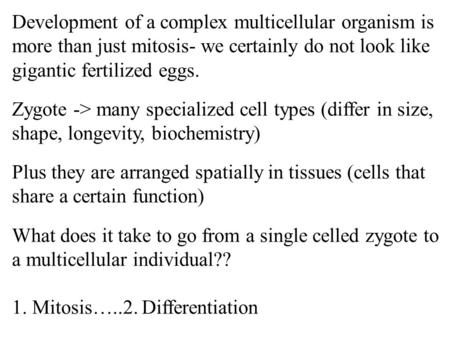 Development of a complex multicellular organism is more than just mitosis- we certainly do not look like gigantic fertilized eggs. Zygote -> many specialized.