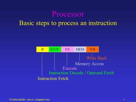 EE524/CptS561 Jose G. Delgado-Frias 1 Processor Basic steps to process an instruction IFID/OFEXMEMWB Instruction Fetch Instruction Decode / Operand Fetch.