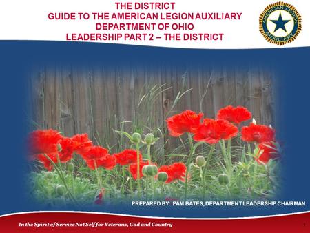 In the Spirit of Service Not Self for Veterans, God and Country 1 THE DISTRICT GUIDE TO THE AMERICAN LEGION AUXILIARY DEPARTMENT OF OHIO LEADERSHIP PART.