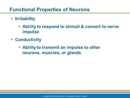 Copyright © 2009 Pearson Education, Inc., publishing as Benjamin Cummings Functional Properties of Neurons  Irritability  Ability to respond to stimuli.