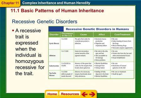 11.1 Basic Patterns of Human Inheritance Complex Inheritance and Human Heredity Chapter 11 Recessive Genetic Disorders  A recessive trait is expressed.