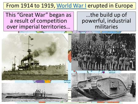 This “Great War” began as a result of competition over imperial territories… From 1914 to 1919, World War I erupted in EuropeWorld War I …the build up.