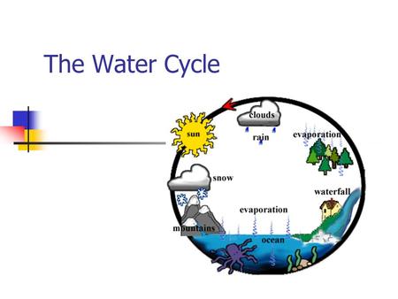 The Water Cycle Sunshine The sun will shine on water located in various areas making it warmer. This causes the water to eventually turn into vapor.