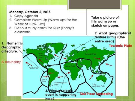 Monday, October 5, 2015 1.Copy Agenda 2.Complete Warm Up (Warm ups for the Week of 10/5-10/9) 3.Get out study cards for Quiz (Friday’s classwork Take a.