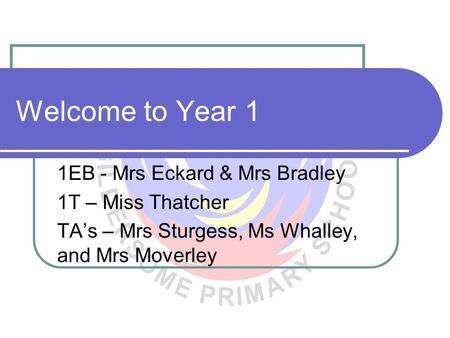Welcome to Year 1 1EB - Mrs Eckard & Mrs Bradley 1T – Miss Thatcher TA’s – Mrs Sturgess, Ms Whalley, and Mrs Moverley.
