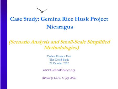 Case Study: Gemina Rice Husk Project Nicaragua (Scenario Analysis and Small-Scale Simplified Methodologies) Carbon Finance Unit The World Bank 22 October.