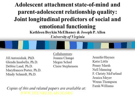 Adolescent attachment state-of-mind and parent-adolescent relationship quality: Joint longitudinal predictors of social and emotional functioning Kathleen.