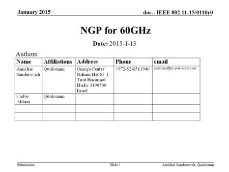 Submission doc.: IEEE 802.11-15/0110r0 January 2015 Amichai Sanderovich, QualcommSlide 1 NGP for 60GHz Date: 2015-1-13 Authors: