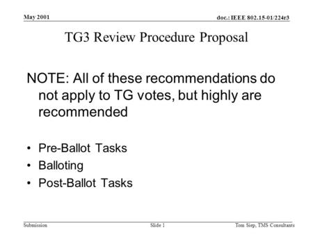 Doc.: IEEE 802.15-01/224r3 Submission May 2001 Tom Siep, TMS ConsultantsSlide 1 TG3 Review Procedure Proposal NOTE: All of these recommendations do not.