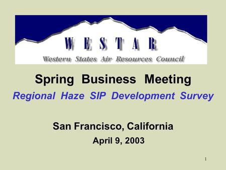 1 Spring Business Meeting Regional Haze SIP Development Survey San Francisco, California April 9, 2003.