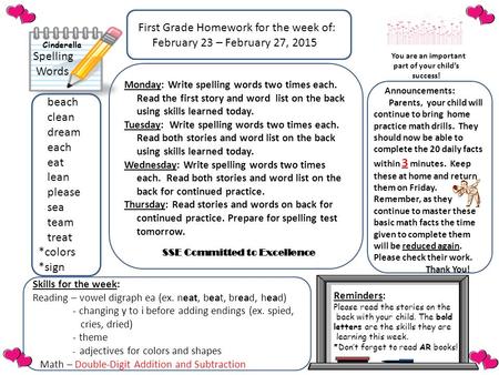 First Grade Homework for the week of: February 23 – February 27, 2015