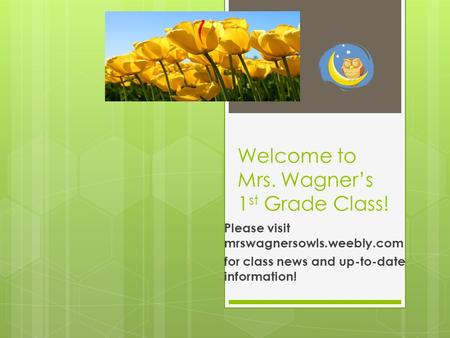 Welcome to Mrs. Wagner’s 1 st Grade Class! Please visit mrswagnersowls.weebly.com for class news and up-to-date information!