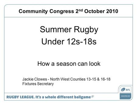 Community Congress 2 nd October 2010 Summer Rugby Under 12s-18s How a season can look Jackie Clowes - North West Counties 13-15 & 16-18 Fixtures Secretary.