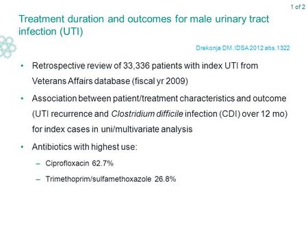Treatment duration and outcomes for male urinary tract infection (UTI) Retrospective review of 33,336 patients with index UTI from Veterans Affairs database.