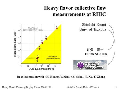Heavy Flavor Workshop, Beijing, China, 2006.11.22ShinIchi Esumi, Univ. of Tsukuba1 Heavy flavor collective flow measurements at RHIC ShinIchi Esumi Univ.