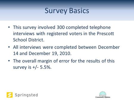 Survey Basics This survey involved 300 completed telephone interviews with registered voters in the Prescott School District. All interviews were completed.
