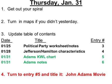 Thursday, Jan. 31 1.Get out your spiral 2.Turn in maps if you didn’t yesterday. 3. Update table of contents DateTitleEntry # 01/25Political Party worksheet/notes3.