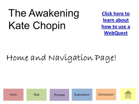 The Awakening Kate Chopin IntroTask Process Evaluation Conclusion Click here to learn about how to use a WebQuest Home and Navigation Page!