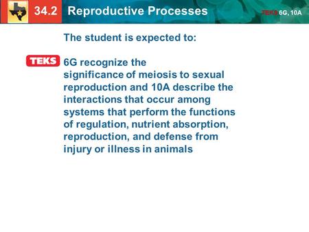 34.2 Reproductive Processes TEKS 6G, 10A The student is expected to: 6G recognize the significance of meiosis to sexual reproduction and 10A describe the.