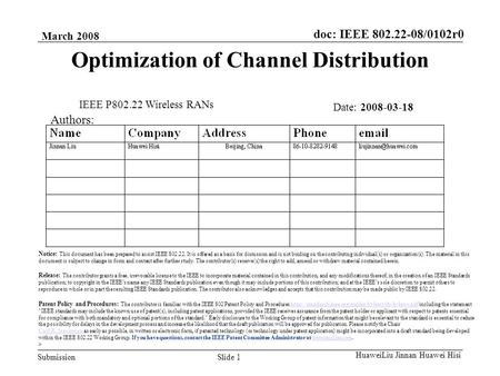 Doc: IEEE 802.22-08/0102r0 Submission March 2008 Slide 1 HuaweiLiu Jinnan Huawei Hisi Optimization of Channel Distribution Authors: Notice: This document.