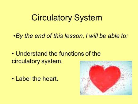 Circulatory System By the end of this lesson, I will be able to: Understand the functions of the circulatory system. Label the heart.
