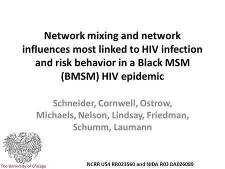 Network mixing and network influences most linked to HIV infection and risk behavior in a Black MSM (BMSM) HIV epidemic Schneider, Cornwell, Ostrow, Michaels,