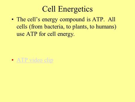 Cell Energetics The cell’s energy compound is ATP. All cells (from bacteria, to plants, to humans) use ATP for cell energy. ATP video clip.