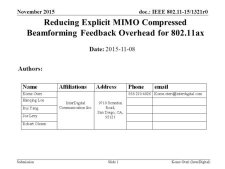 Doc.: IEEE 802.11-15/1321r0 Submission Reducing Explicit MIMO Compressed Beamforming Feedback Overhead for 802.11ax November 2015 Slide 1 Date: 2015-11-08.