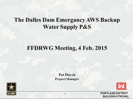 BUILDING STRONG ® PORTLAND DISTRICT 1 The Dalles Dam Emergancy AWS Backup Water Supply P&S FFDRWG Meeting, 4 Feb. 2015 Pat Duyck Project Manager.