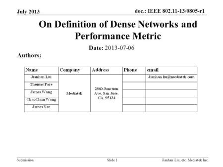 Doc.: IEEE 802.11-13/0805-r1 SubmissionSlide 1 On Definition of Dense Networks and Performance Metric Date: 2013-07-06 Authors: Jianhan Liu, etc. Mediatek.