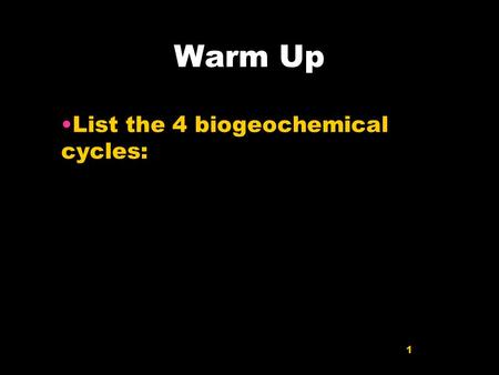 Warm Up List the 4 biogeochemical cycles: 1. ECOSYSTEM DYNAMICS Populations Symbiosis Succession