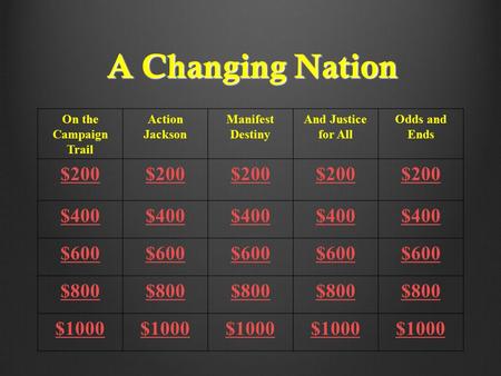 A Changing Nation On the Campaign Trail Action Jackson Manifest Destiny And Justice for All Odds and Ends $200 $400 $600 $800 $1000.