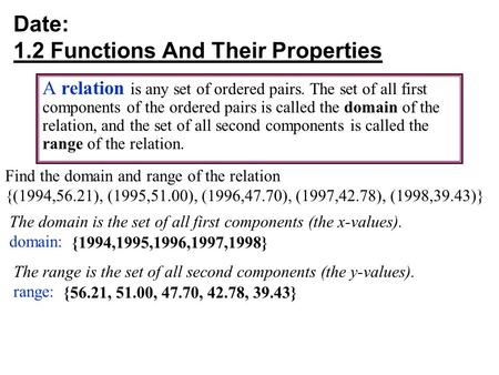 Date: 1.2 Functions And Their Properties A relation is any set of ordered pairs. The set of all first components of the ordered pairs is called the domain.