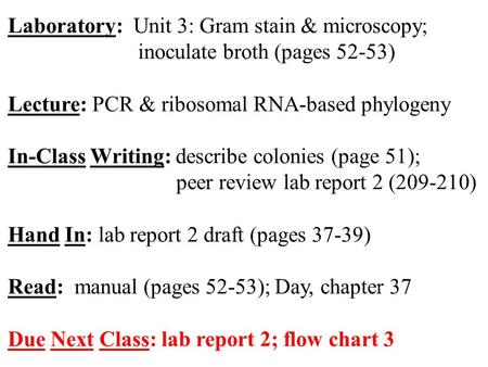 Laboratory: Unit 3: Gram stain & microscopy; inoculate broth (pages 52-53) Lecture: PCR & ribosomal RNA-based phylogeny In-Class Writing: describe colonies.