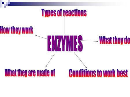 WB page 50 - Enzymes are… Proteins Biological Catalysts (speed up rxns without being used up) Generally Specific (act on one type of compound) Either.