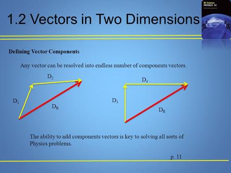 1.2 Vectors in Two Dimensions Defining Vector Components Any vector can be resolved into endless number of components vectors. p. 11 DRDR DRDR D1D1 D2D2.
