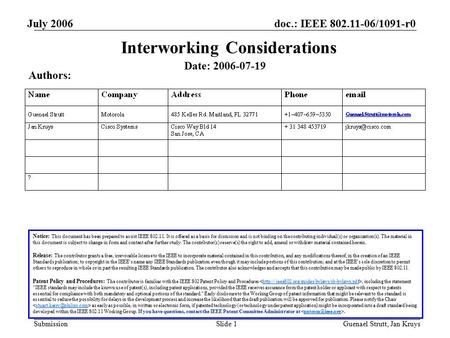 Doc.: IEEE 802.11-06/1091-r0 SubmissionGuenael Strutt, Jan KruysSlide 1 July 2006 Interworking Considerations Date: 2006-07-19 Authors: Notice: This document.