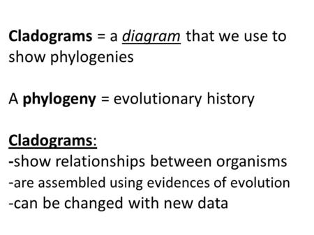 Cladograms = a diagram that we use to show phylogenies A phylogeny = evolutionary history Cladograms: -show relationships between organisms -are assembled.